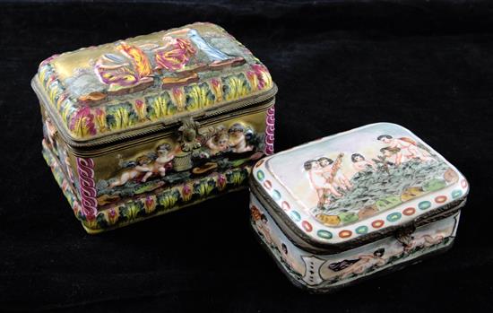 A 19th century Capo di Monte style gilt porcelain hinged box and another similar box, 13.5cm and 11.5cm